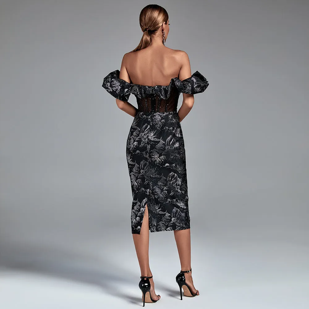 Off Shoulder Pleated Midi Backless Bodycon Dress