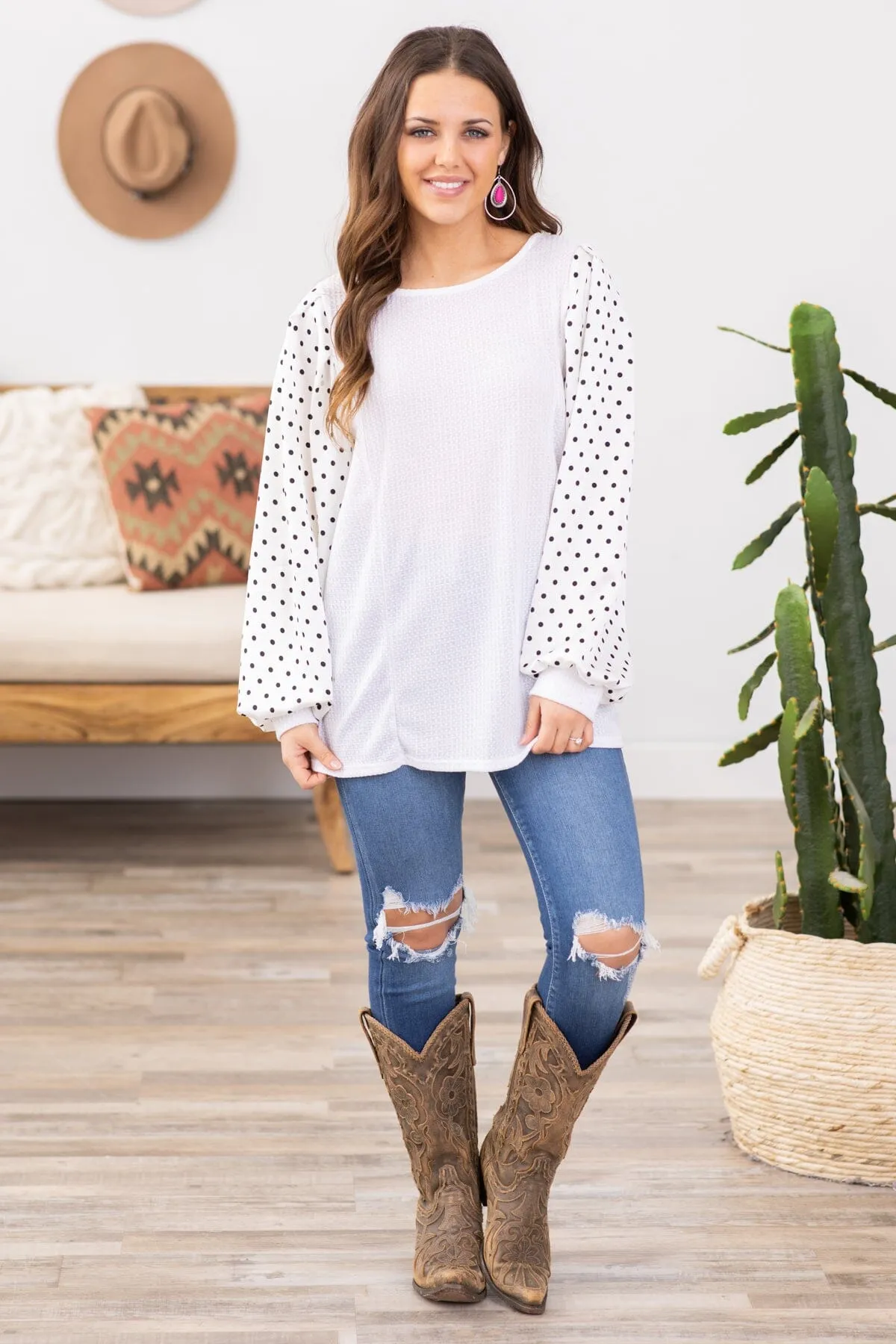 Off White Waffle Knit Top With Polka Dot Arms