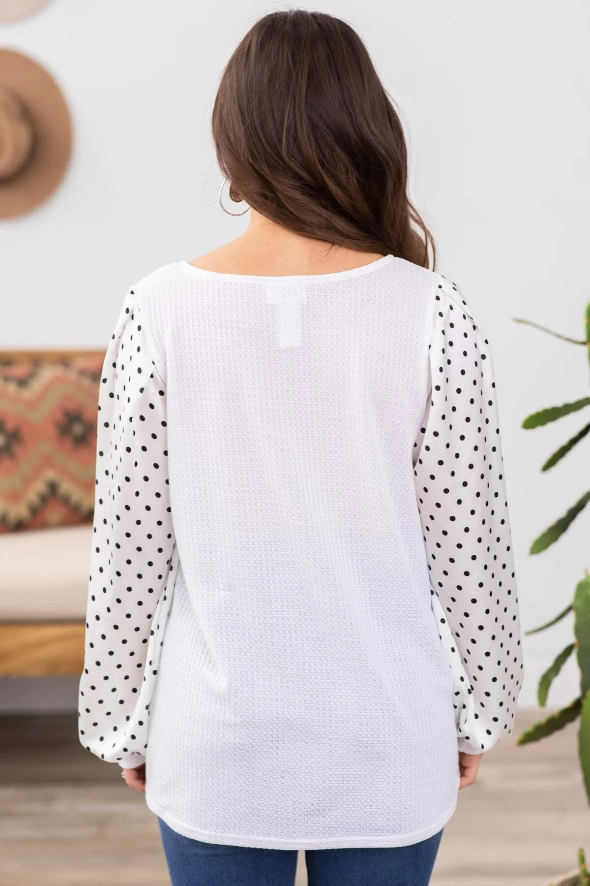 Off White Waffle Knit Top With Polka Dot Arms