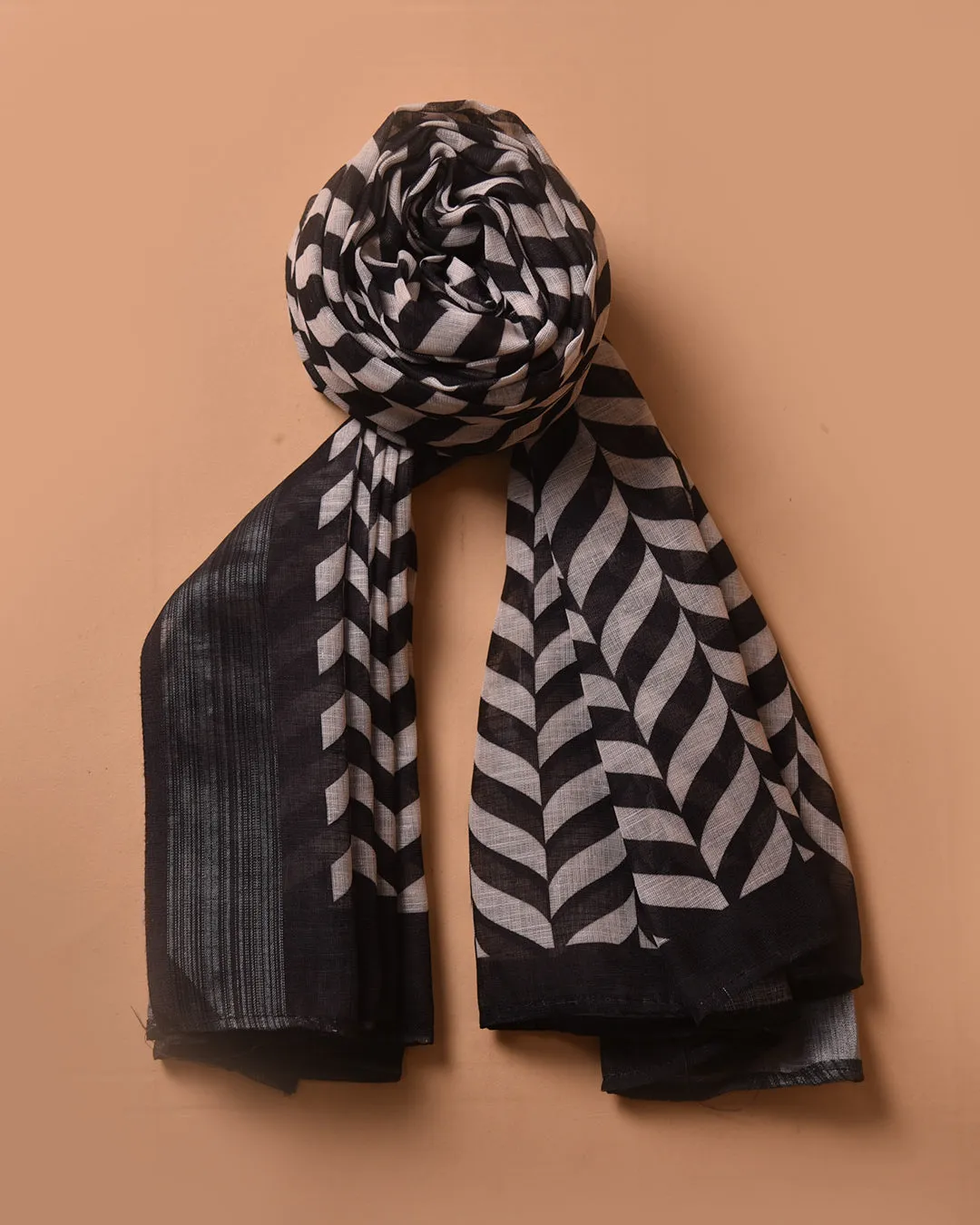 Off White With Black Linen Cotton Printed Unstitched Suit Fabric Set With Linen Dupatta