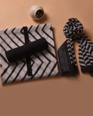 Off White With Black Linen Cotton Printed Unstitched Suit Fabric Set With Linen Dupatta