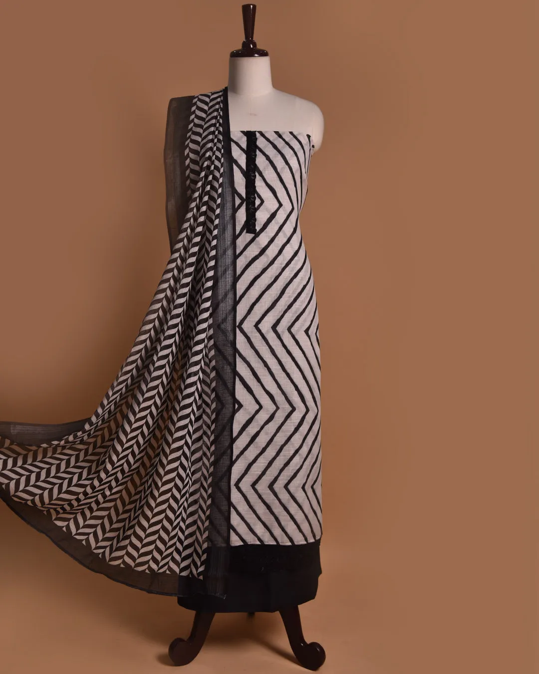 Off White With Black Linen Cotton Printed Unstitched Suit Fabric Set With Linen Dupatta