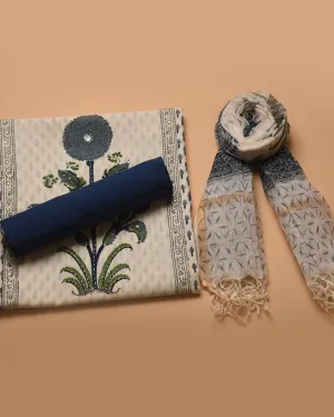 Off White WIth Blue Pure Cotton Hand Block Printed With Embroidery Unstitched Suit Fabric Set With Kota Dupatta