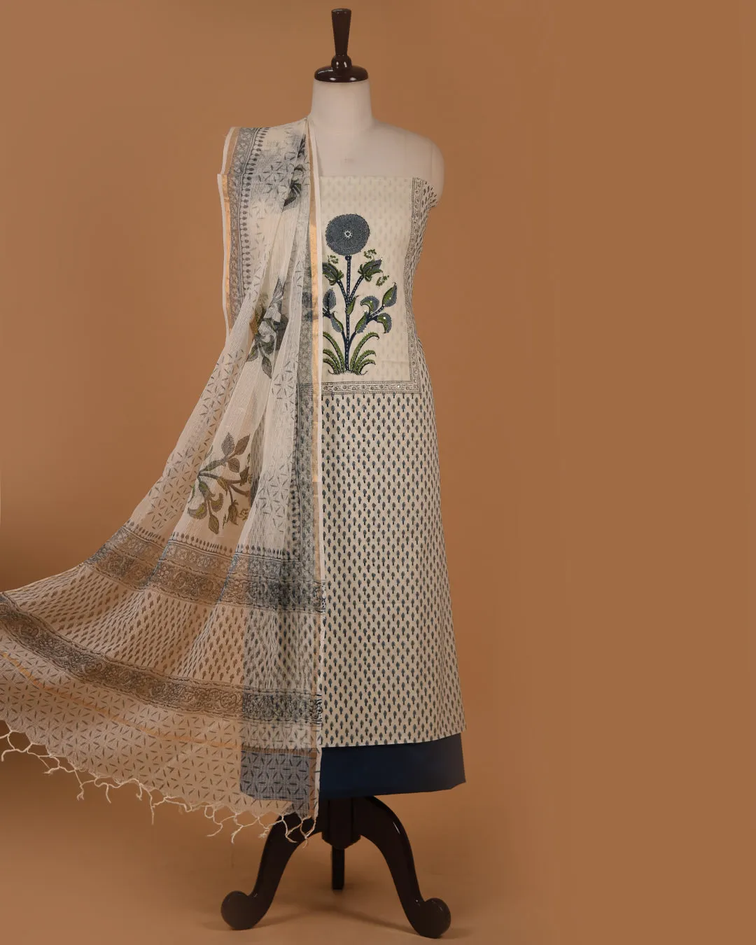 Off White WIth Blue Pure Cotton Hand Block Printed With Embroidery Unstitched Suit Fabric Set With Kota Dupatta