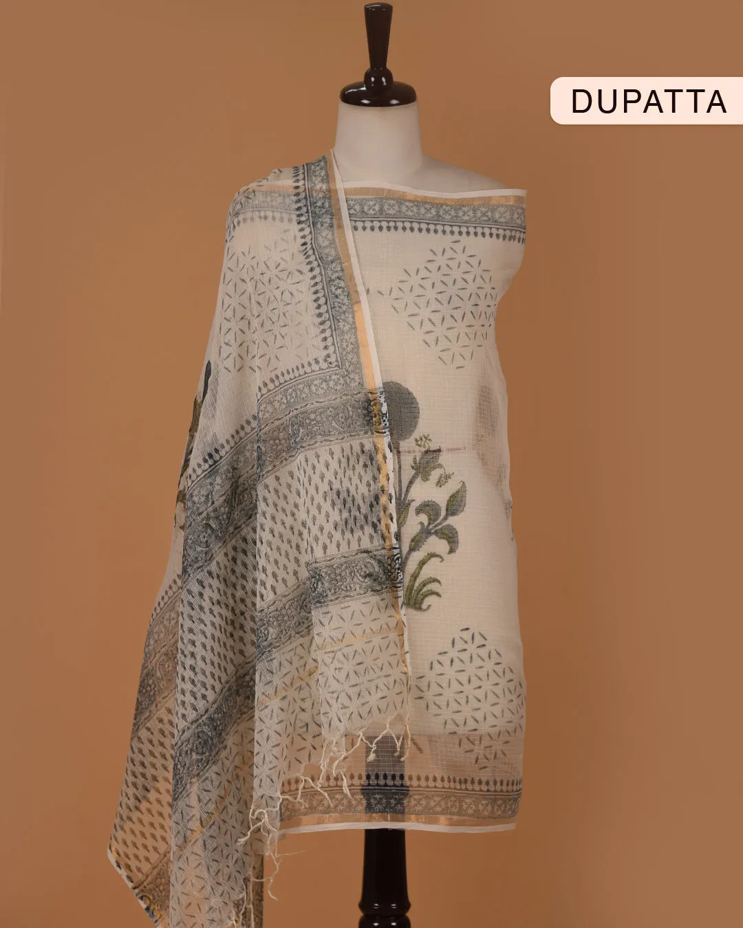 Off White WIth Blue Pure Cotton Hand Block Printed With Embroidery Unstitched Suit Fabric Set With Kota Dupatta