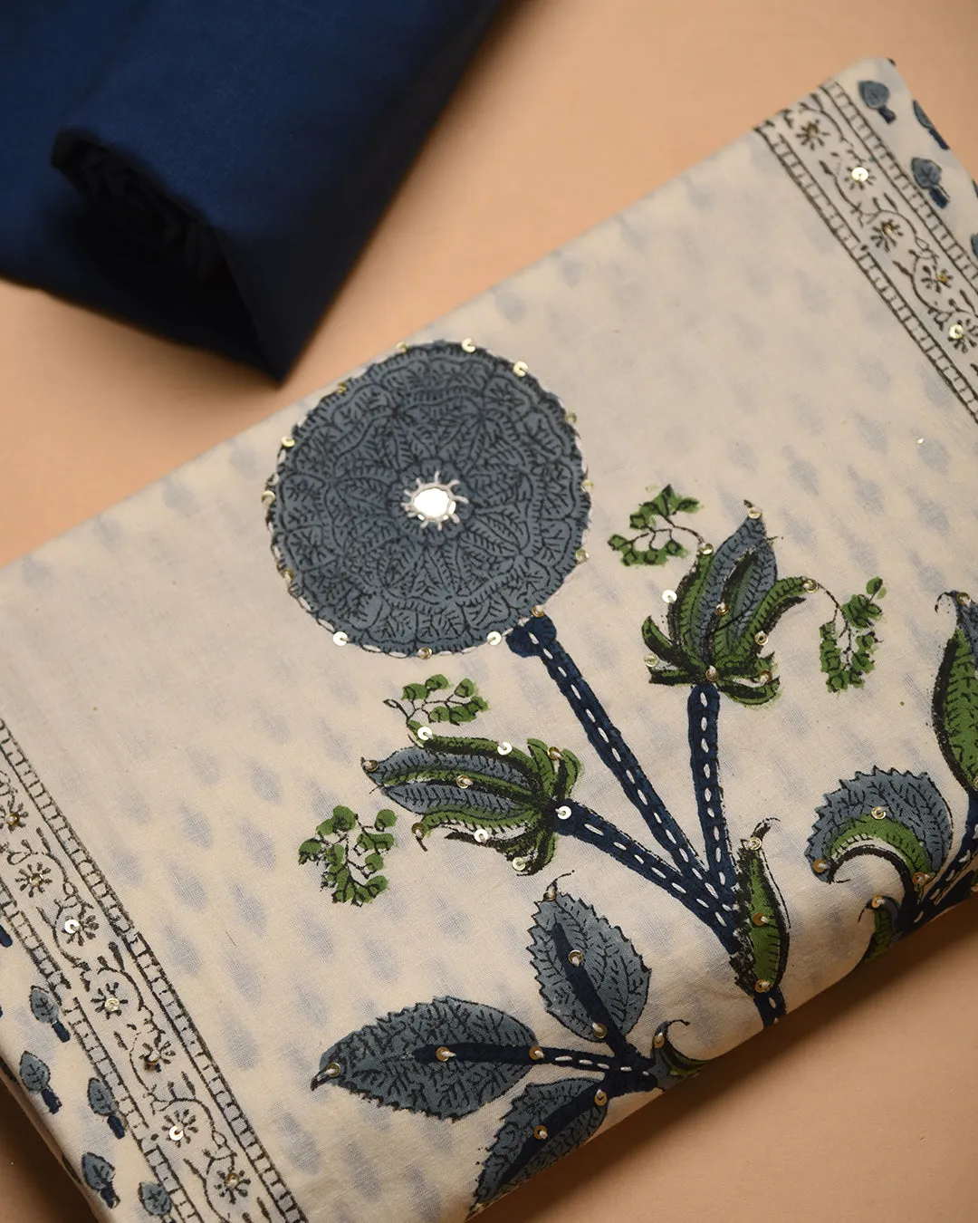 Off White WIth Blue Pure Cotton Hand Block Printed With Embroidery Unstitched Suit Fabric Set With Kota Dupatta
