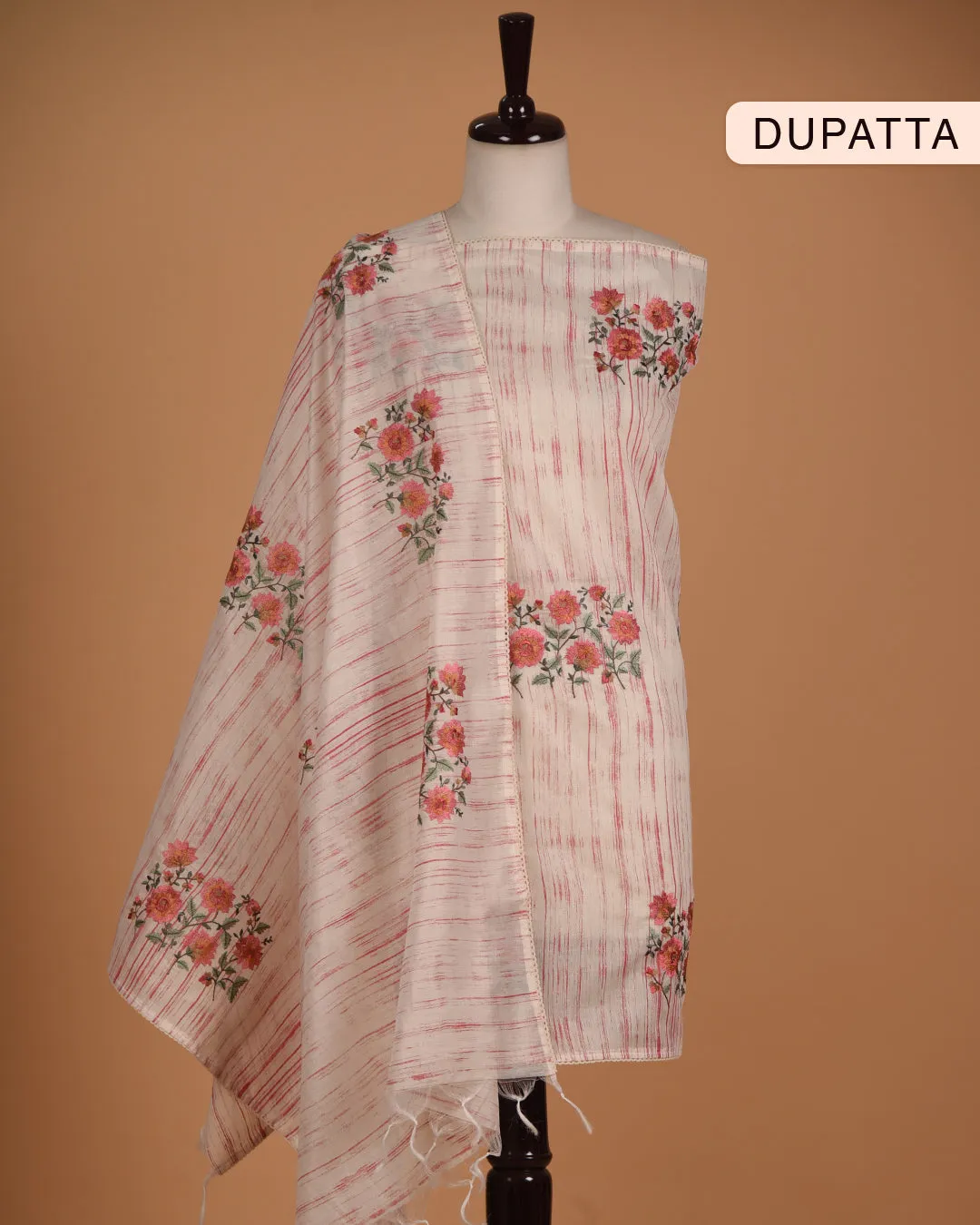 Off White With Pink Cotton Printed With Embroidery Unstitched Suit Fabric Set With Chanderi Embroidered Dupatta