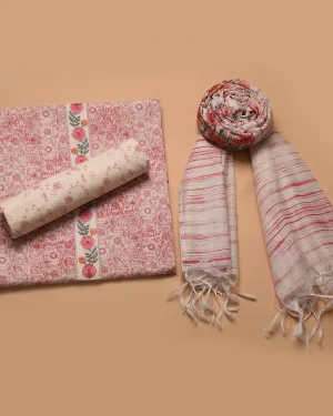 Off White With Pink Cotton Printed With Embroidery Unstitched Suit Fabric Set With Chanderi Embroidered Dupatta
