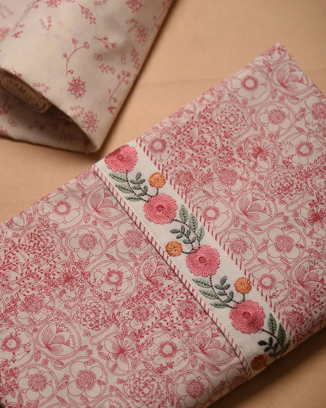 Off White With Pink Cotton Printed With Embroidery Unstitched Suit Fabric Set With Chanderi Embroidered Dupatta
