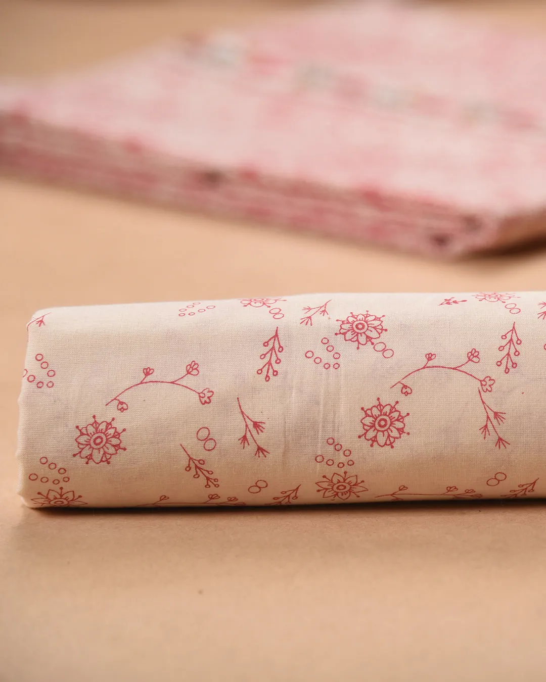 Off White With Pink Cotton Printed With Embroidery Unstitched Suit Fabric Set With Chanderi Embroidered Dupatta