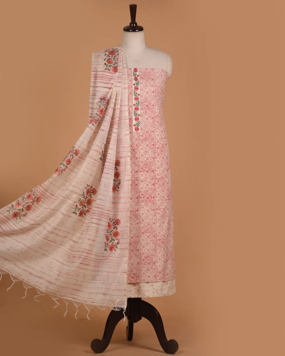 Off White With Pink Cotton Printed With Embroidery Unstitched Suit Fabric Set With Chanderi Embroidered Dupatta