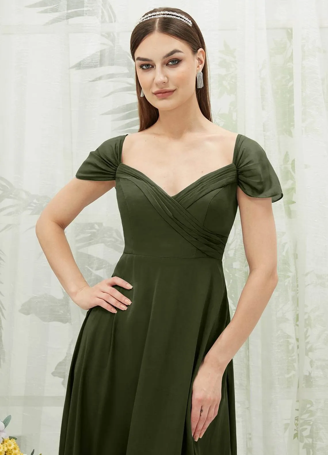Olive Chiffon Cold Shoulder Sweetheart Bridesmaid Dress Pocket