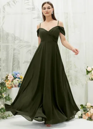 Olive Chiffon Cold Shoulder Sweetheart Bridesmaid Dress Pocket