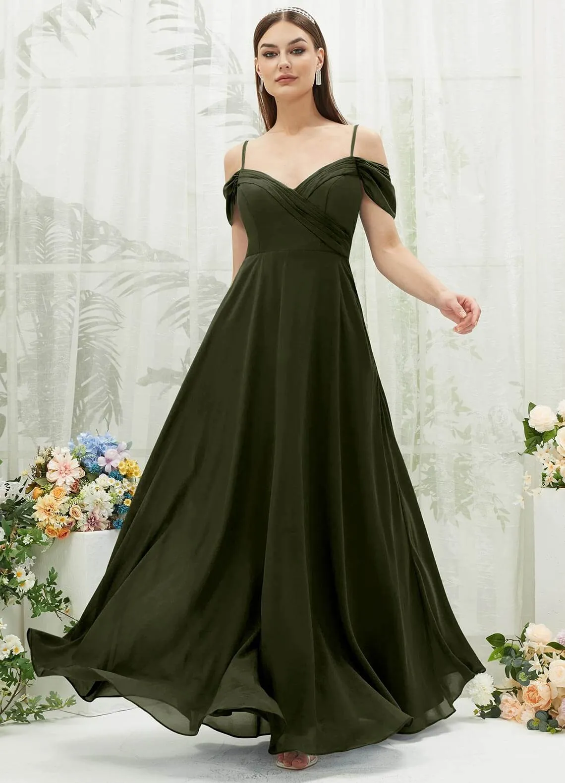 Olive Chiffon Cold Shoulder Sweetheart Bridesmaid Dress Pocket