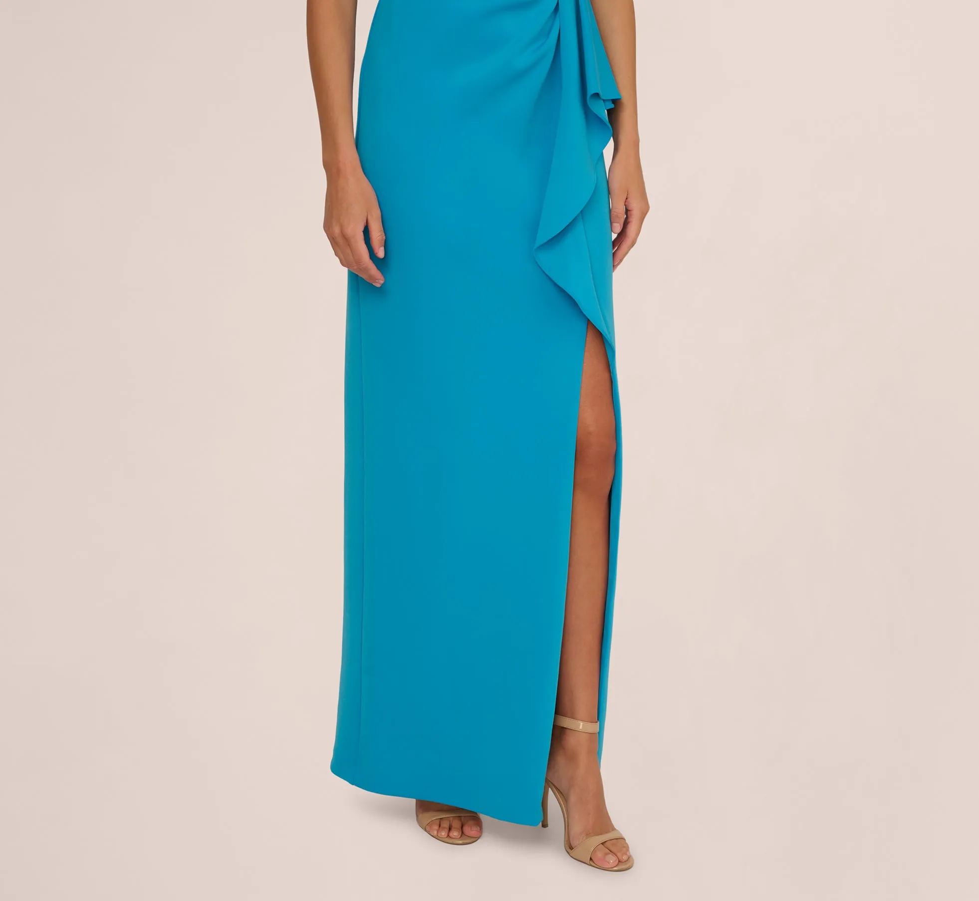One Shoulder Draped Column Gown In Blue Azure
