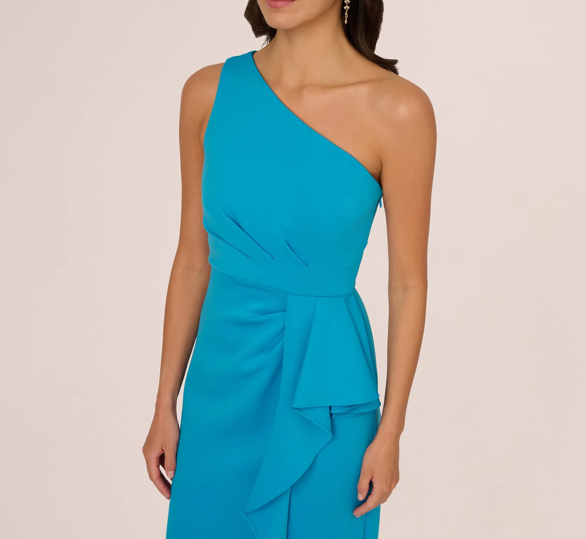 One Shoulder Draped Column Gown In Blue Azure