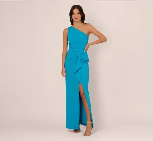 One Shoulder Draped Column Gown In Blue Azure