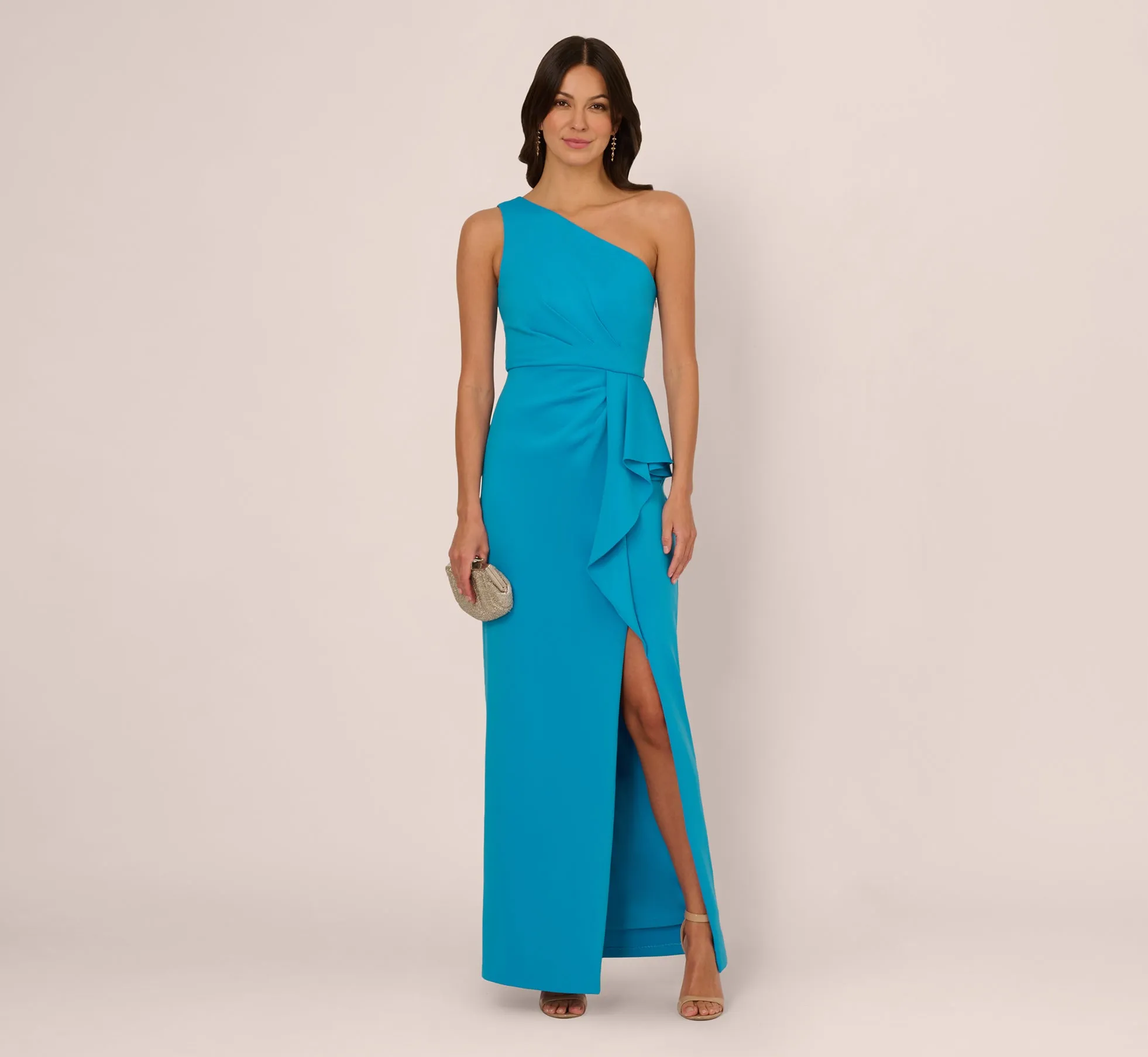 One Shoulder Draped Column Gown In Blue Azure