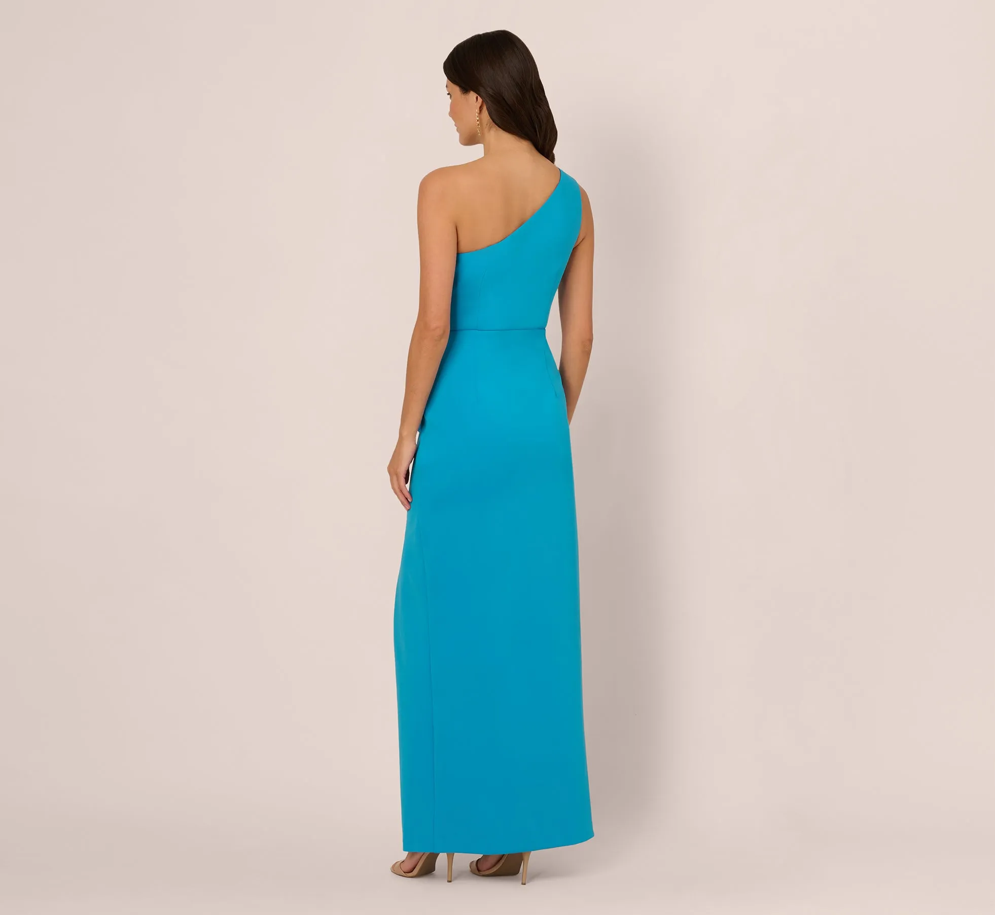 One Shoulder Draped Column Gown In Blue Azure