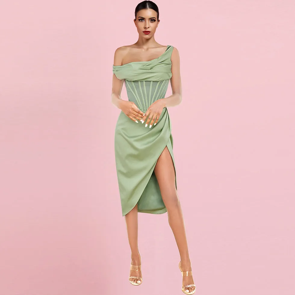 One Shoulder Short Sleeve Asymmetrical Midi Bodycon Dress HI1209