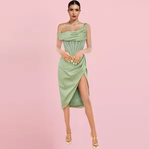 One Shoulder Short Sleeve Asymmetrical Midi Bodycon Dress HI1209