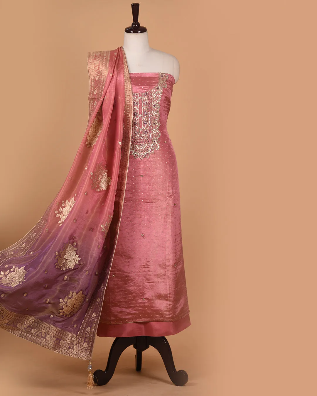 Onion Pink Silk Viscose Blend Woven With Embroidery Unstitched Suit Fabric Set With Tissue Silk Woven With Printed Dupatta