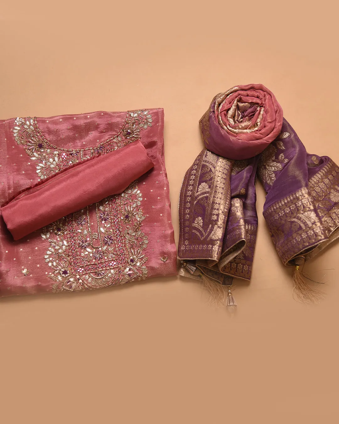 Onion Pink Silk Viscose Blend Woven With Embroidery Unstitched Suit Fabric Set With Tissue Silk Woven With Printed Dupatta