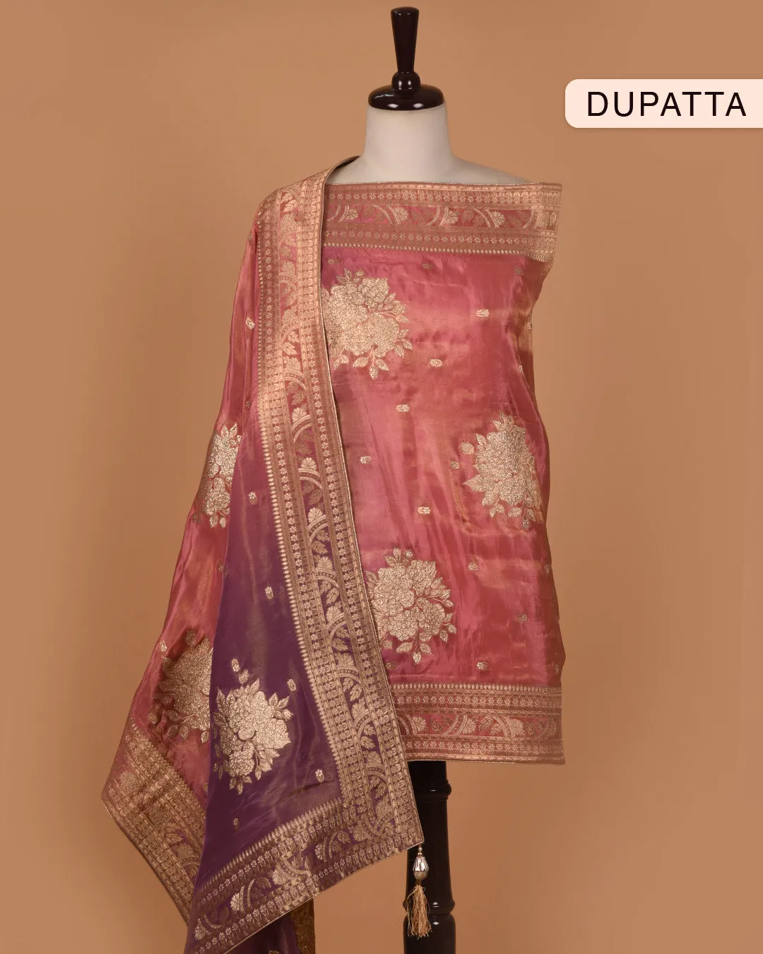 Onion Pink Silk Viscose Blend Woven With Embroidery Unstitched Suit Fabric Set With Tissue Silk Woven With Printed Dupatta