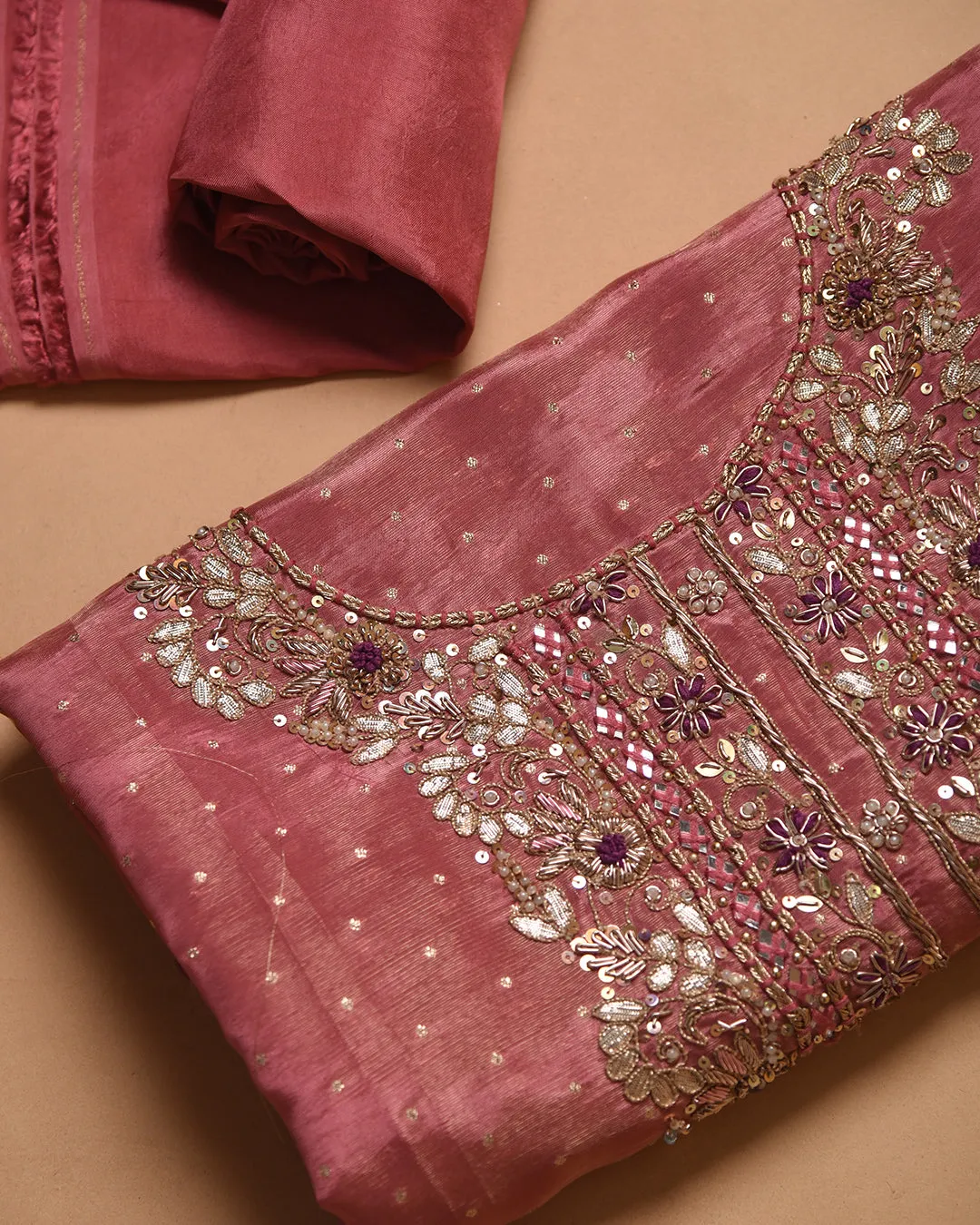 Onion Pink Silk Viscose Blend Woven With Embroidery Unstitched Suit Fabric Set With Tissue Silk Woven With Printed Dupatta