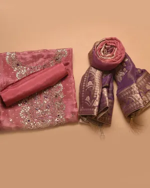 Onion Pink Silk Viscose Blend Woven With Embroidery Unstitched Suit Fabric Set With Tissue Silk Woven With Printed Dupatta