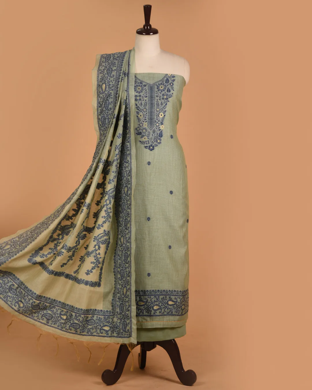Pastel Green Chanderi Jamdani Woven With Embroidery Unstitched Suit Fabric Set WIth Chanderi Jamdani Dupatta