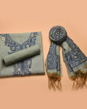 Pastel Green Chanderi Jamdani Woven With Embroidery Unstitched Suit Fabric Set WIth Chanderi Jamdani Dupatta
