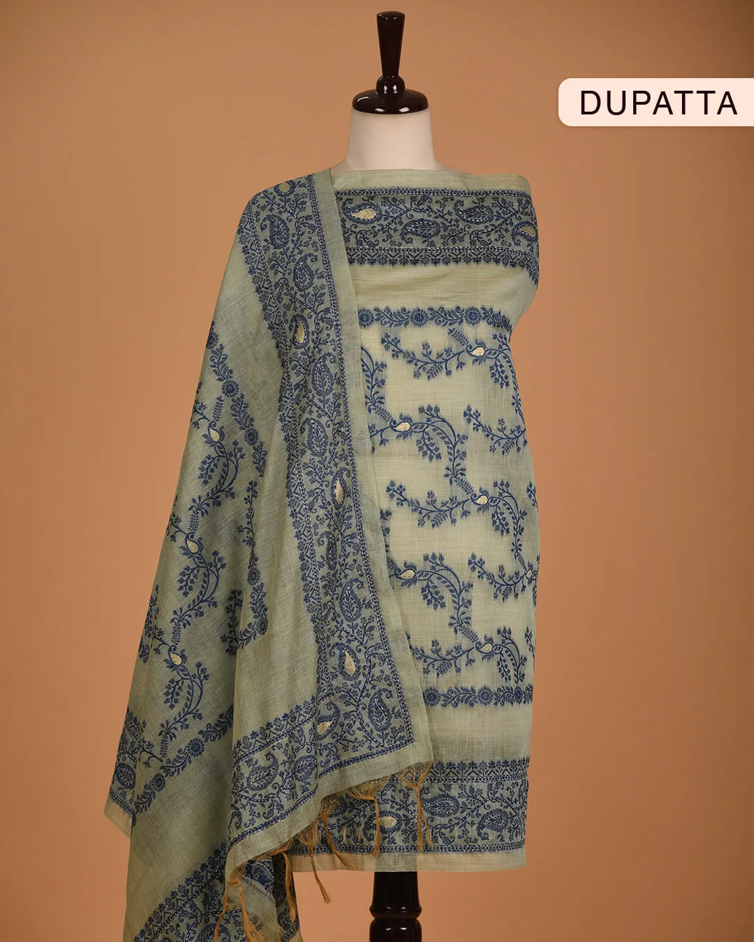 Pastel Green Chanderi Jamdani Woven With Embroidery Unstitched Suit Fabric Set WIth Chanderi Jamdani Dupatta
