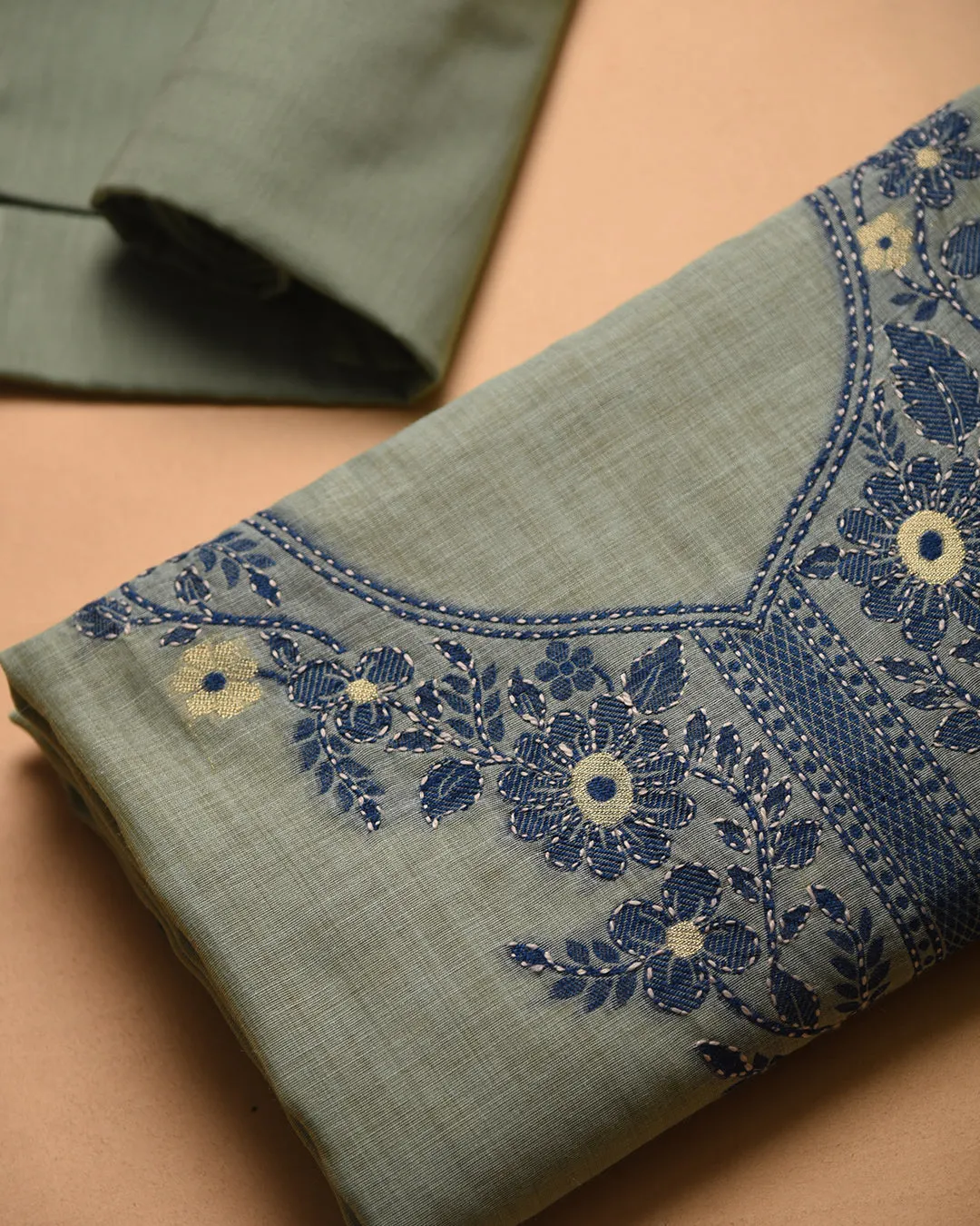 Pastel Green Chanderi Jamdani Woven With Embroidery Unstitched Suit Fabric Set WIth Chanderi Jamdani Dupatta