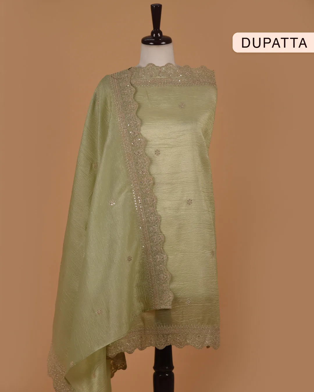 Pastel Green Crushed Organza Blend Embroidered Unstitched Suit Fabric Set With Organza Dupatta