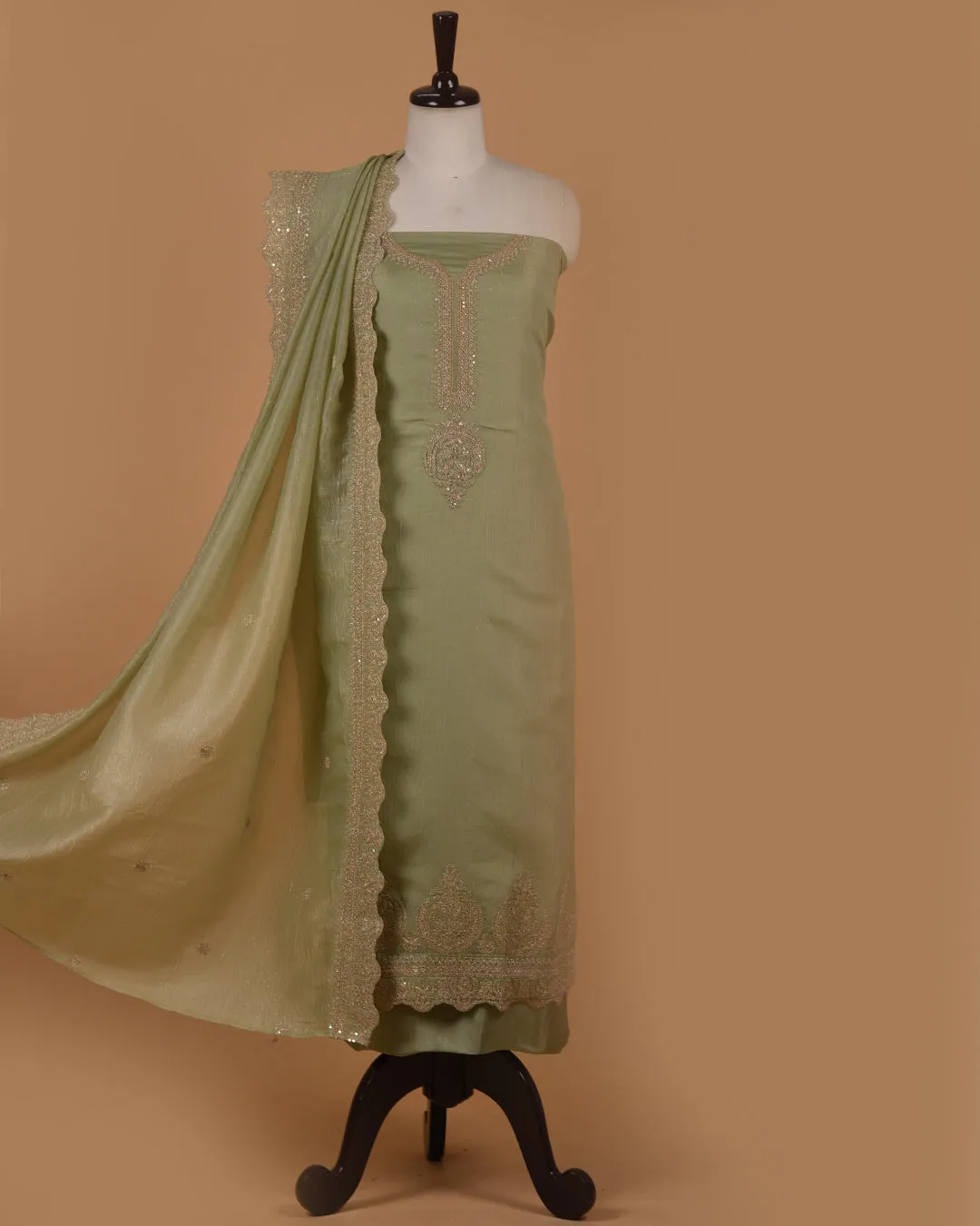 Pastel Green Crushed Organza Blend Embroidered Unstitched Suit Fabric Set With Organza Dupatta