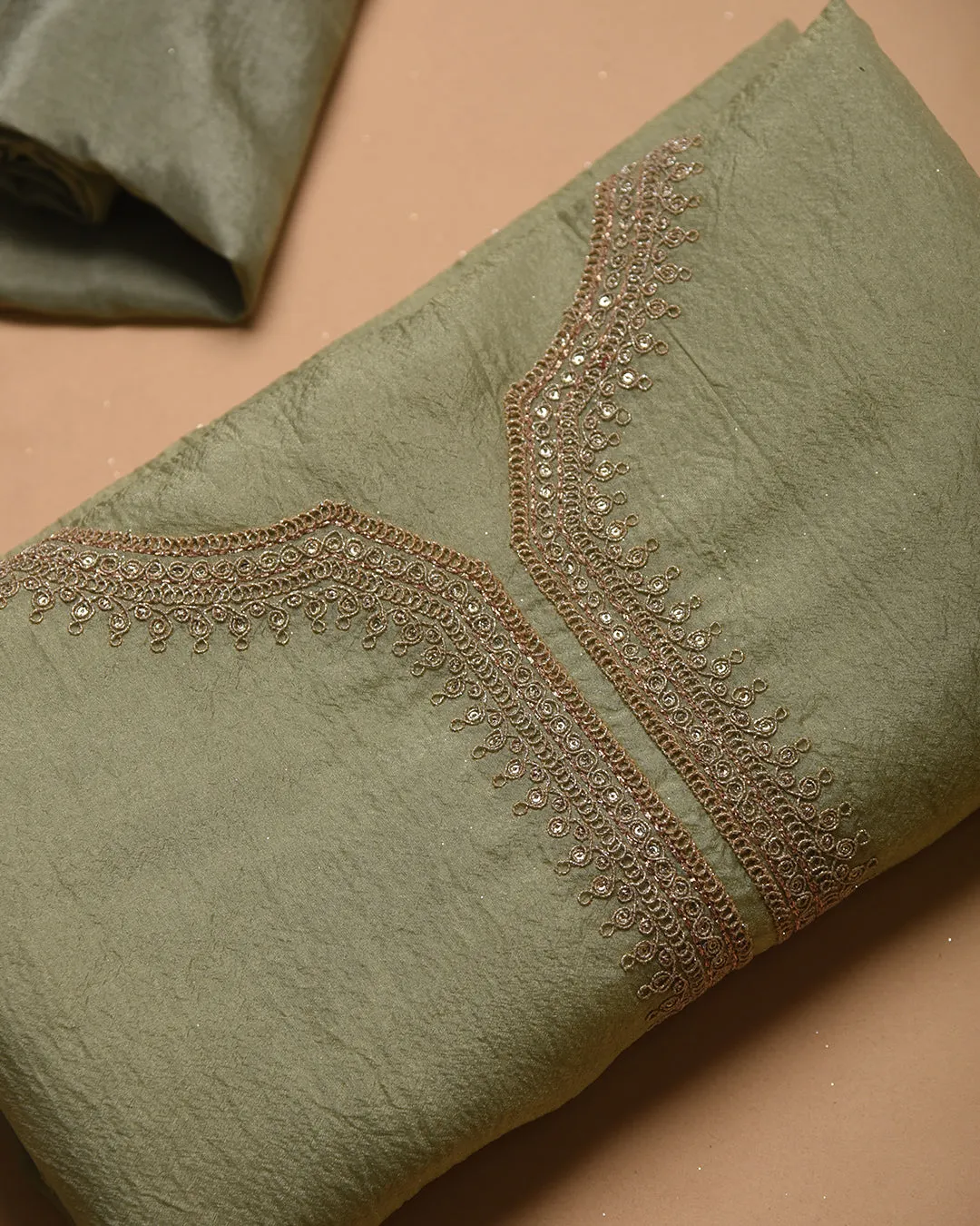 Pastel Green Crushed Organza Blend Embroidered Unstitched Suit Fabric Set With Organza Dupatta