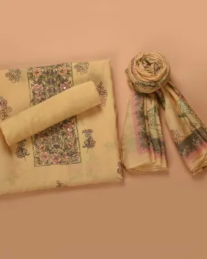 Pastel Yellow Muslin Blend Printed Unstitched Suit Fabric Set With Muslin Dupatta