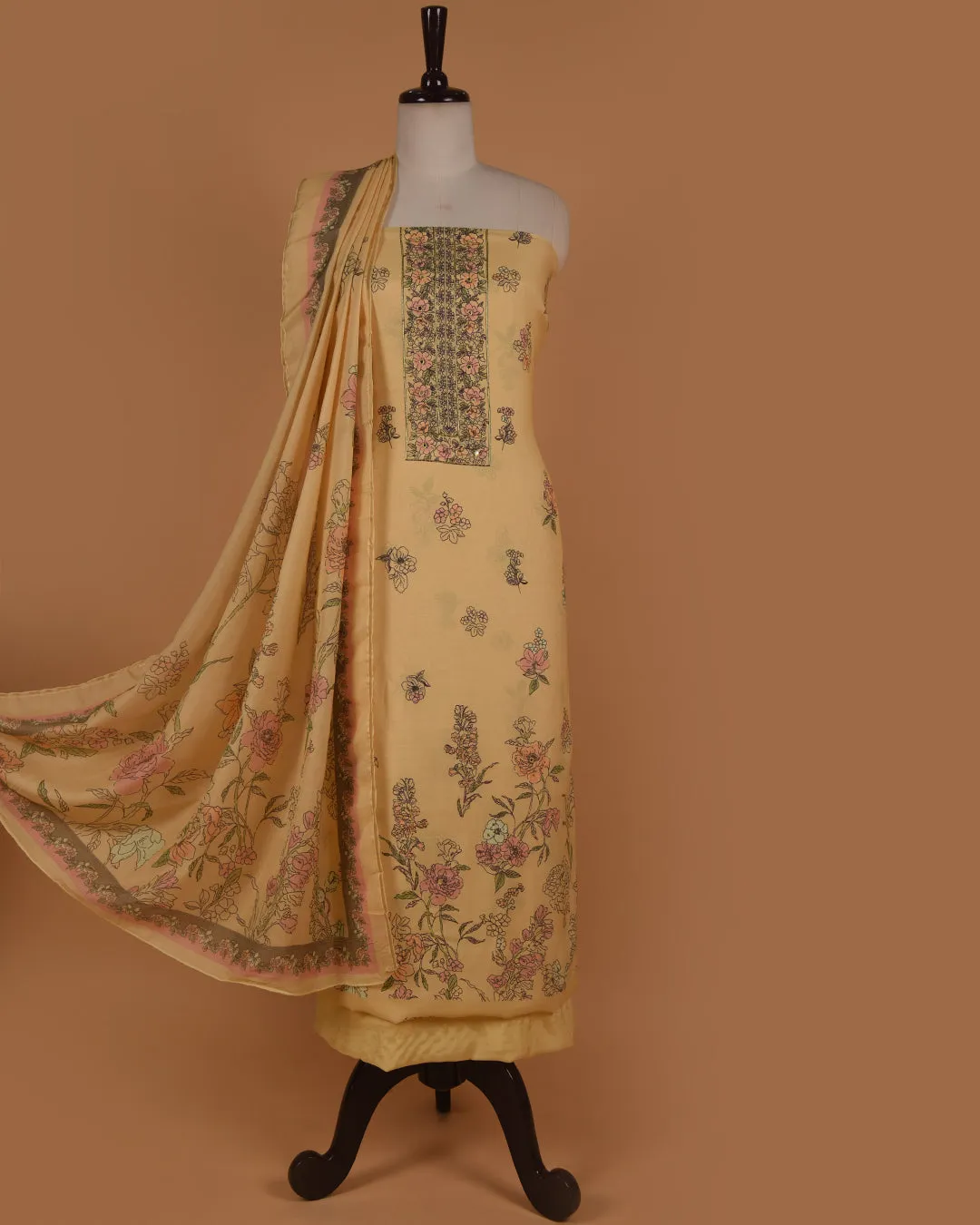 Pastel Yellow Muslin Blend Printed Unstitched Suit Fabric Set With Muslin Dupatta