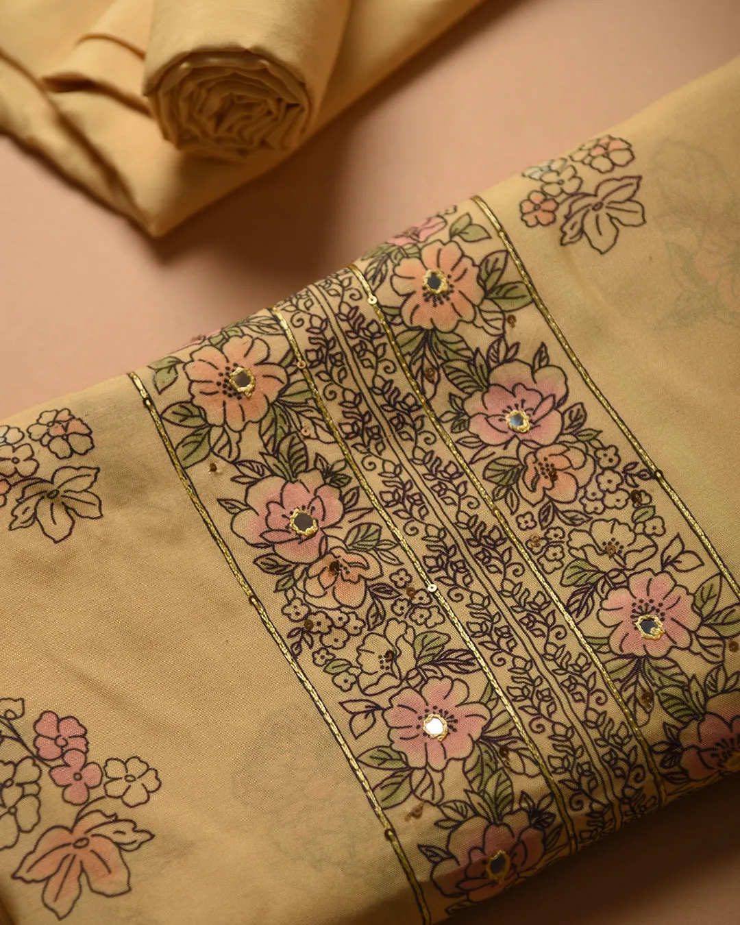 Pastel Yellow Muslin Blend Printed Unstitched Suit Fabric Set With Muslin Dupatta