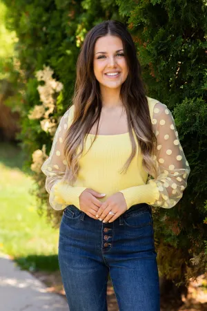Pastel Yellow Polka Dot Sleeve Ribbed Top