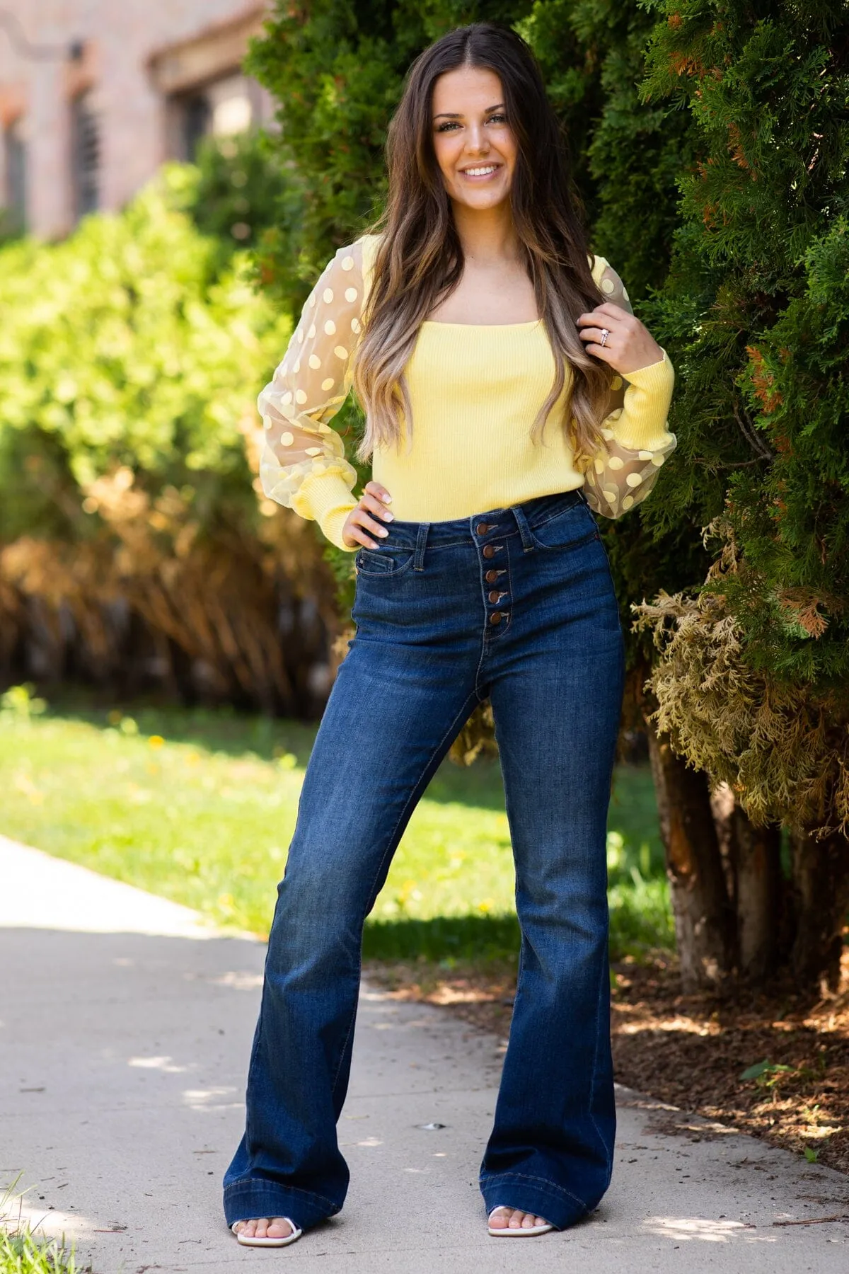 Pastel Yellow Polka Dot Sleeve Ribbed Top