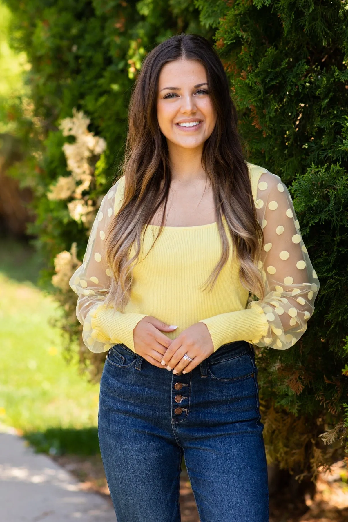 Pastel Yellow Polka Dot Sleeve Ribbed Top