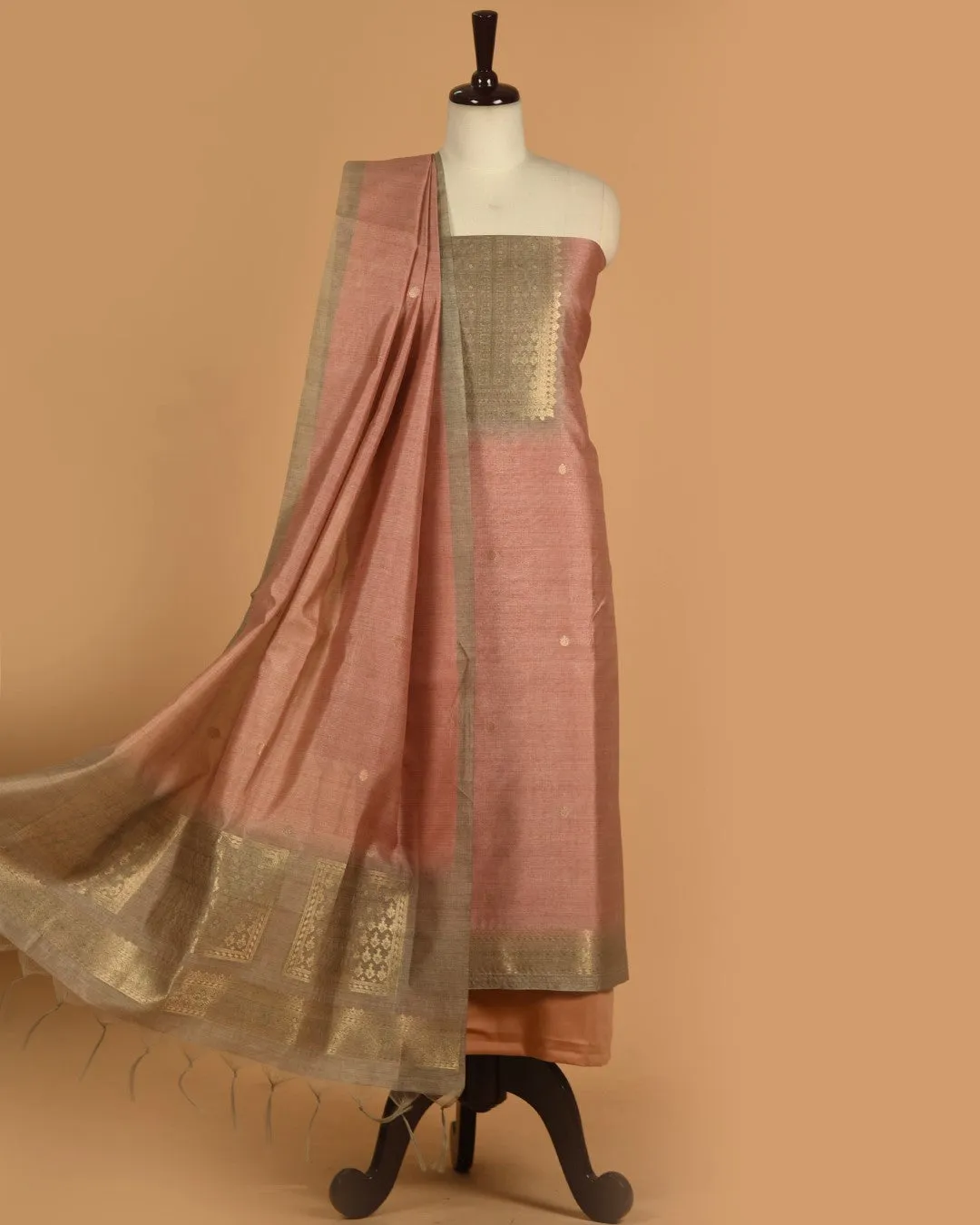 Peach Chanderi Silk Blend Woven Unstitched Suit Fabric Set With Chanderi Silk Blend Dupatta
