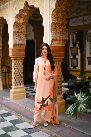 Peach Linen Sooraj Suit Set with Chiffon Dupatta and Tassels