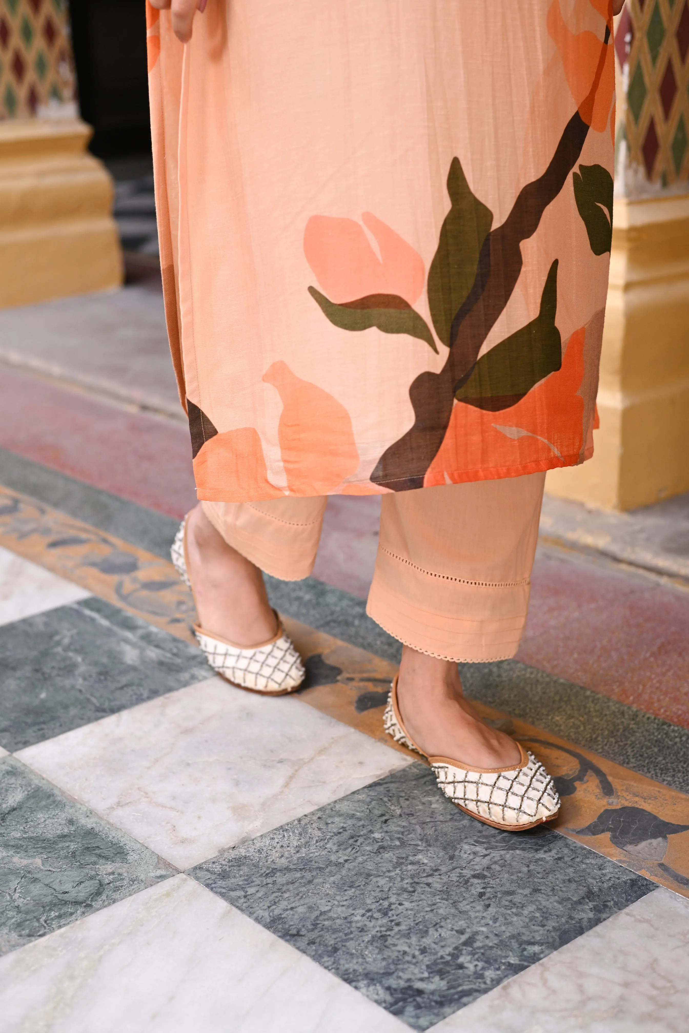 Peach Linen Sooraj Suit Set with Chiffon Dupatta and Tassels