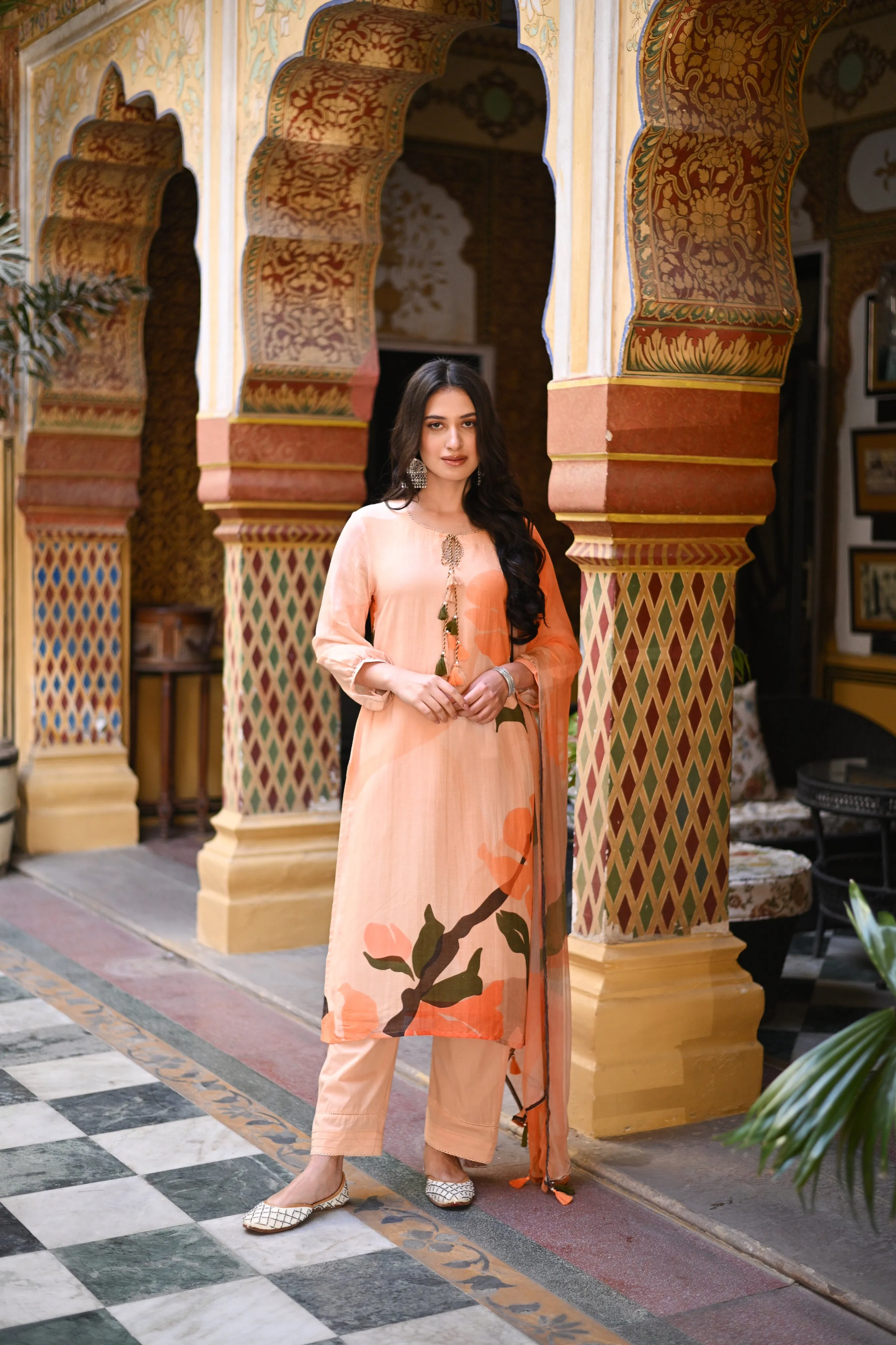 Peach Linen Sooraj Suit Set with Chiffon Dupatta and Tassels