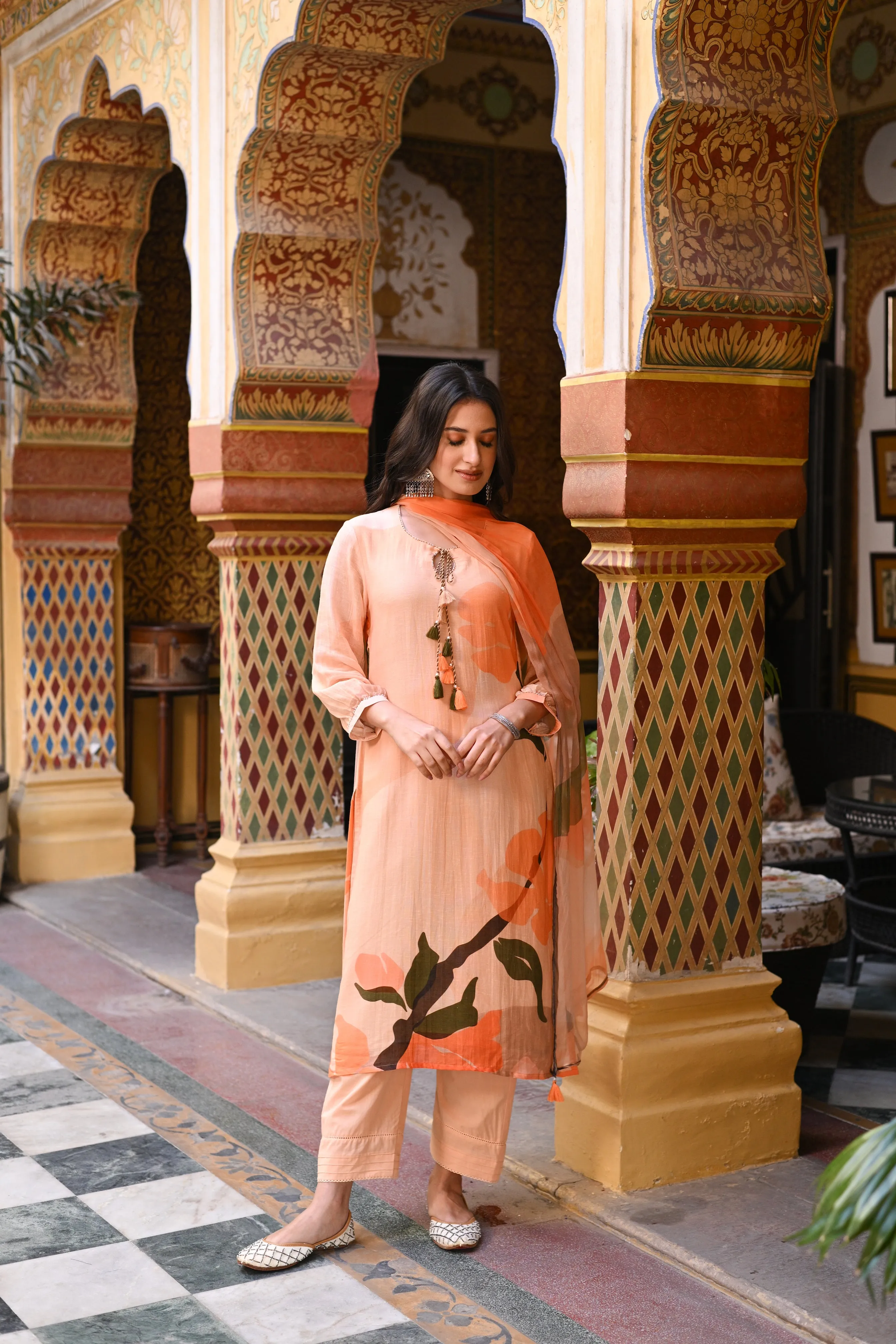 Peach Linen Sooraj Suit Set with Chiffon Dupatta and Tassels