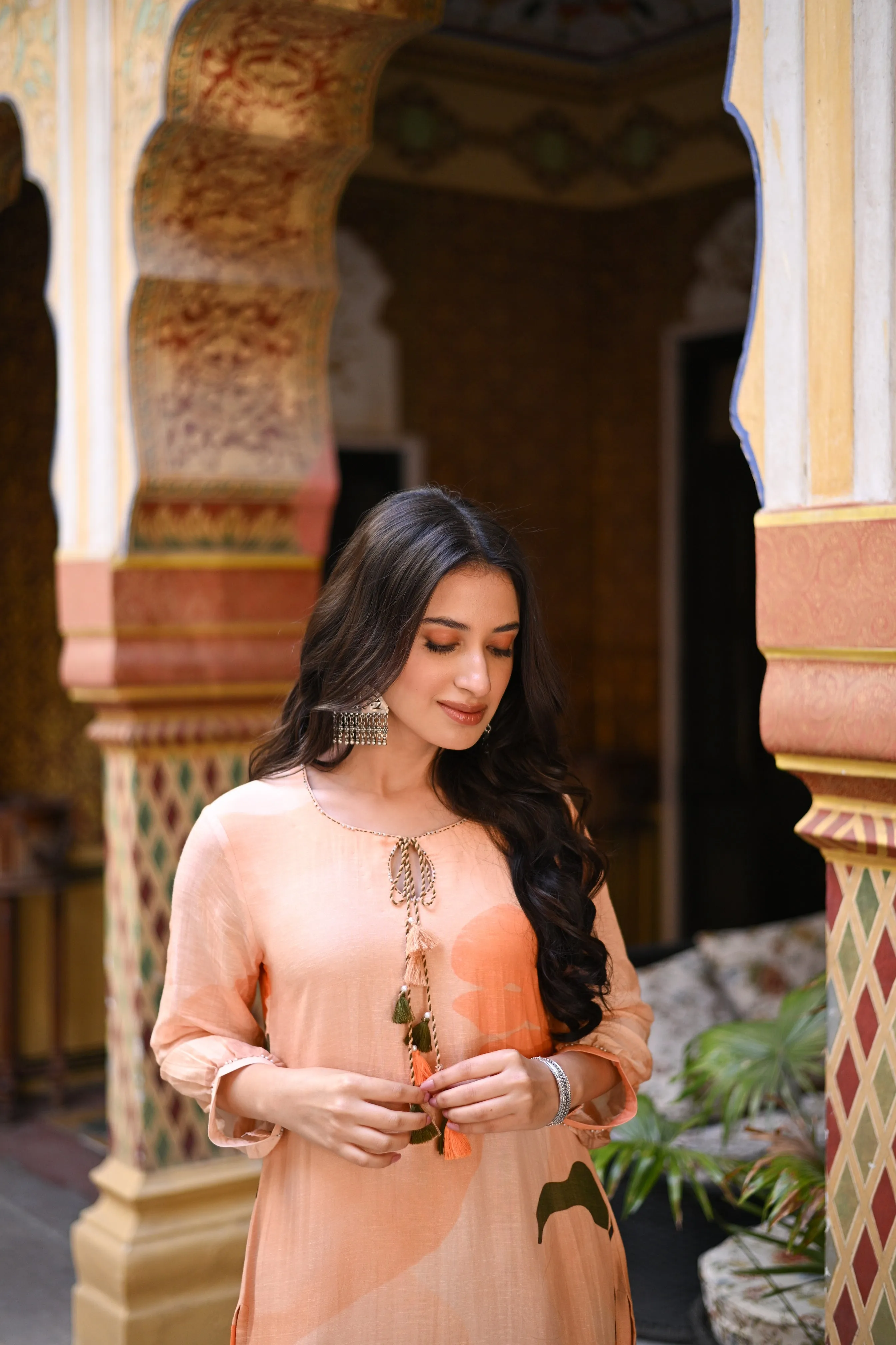 Peach Linen Sooraj Suit Set with Chiffon Dupatta and Tassels