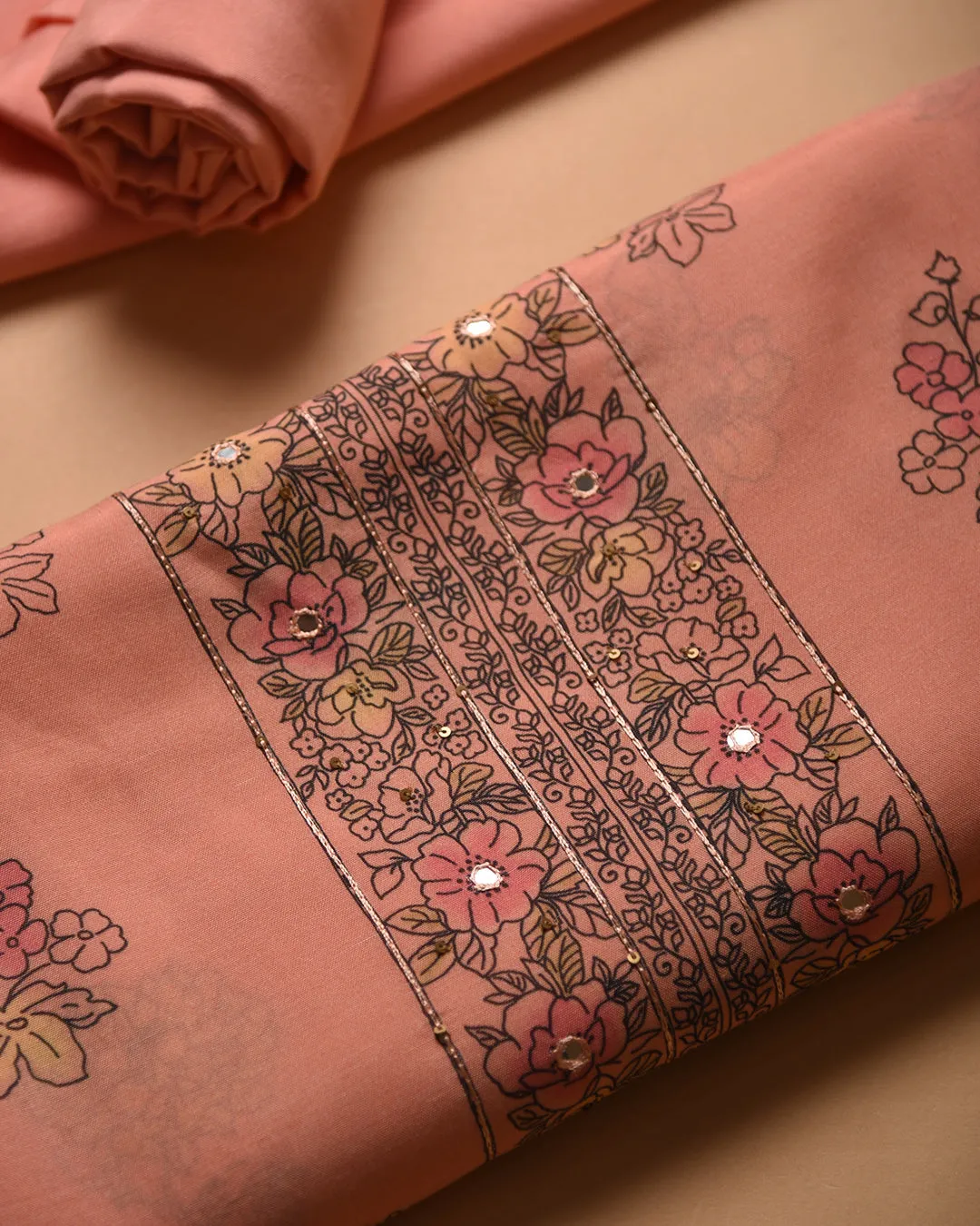 Peach Muslin Blend Printed Unstitched Suit Fabric Set With Muslin Dupatta